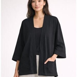 Eileen Fisher Organic Linen Kimono Cardigan XXS XS Black 3/4 Sleeve Oversized